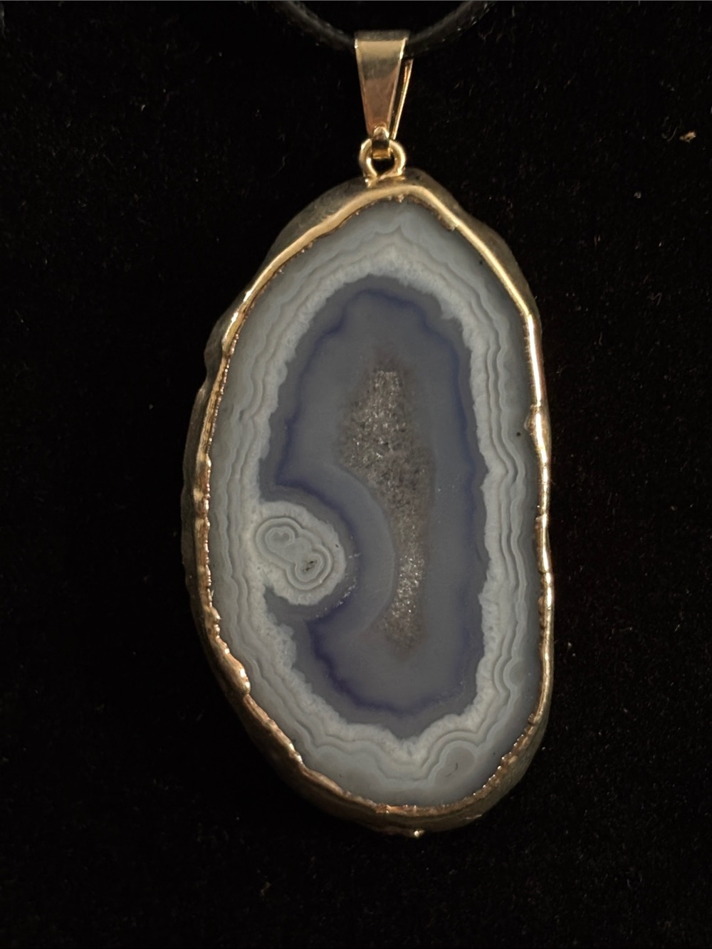 Blue Agate Slice Pendant Necklace - Gold Trim